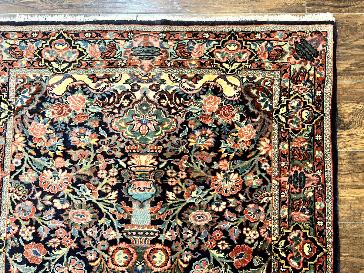 Persian Saoruk Rug 4x5, Navy Blue and Red, Floral, Antique Persian Wool Carpet, Handmade - Jewel Rugs, view 8