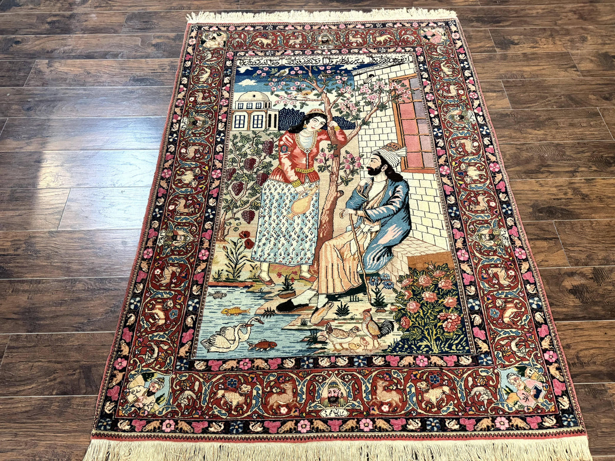 Wonderful Persian Kashan Pictorial Rug 4.7 x 6.5, Persian Rug for Wall Hanging, Handmade Antique Wool Carpet Animal Motifs Poetry Lovers, 240 KPSI - Jewel Rugs, view 13