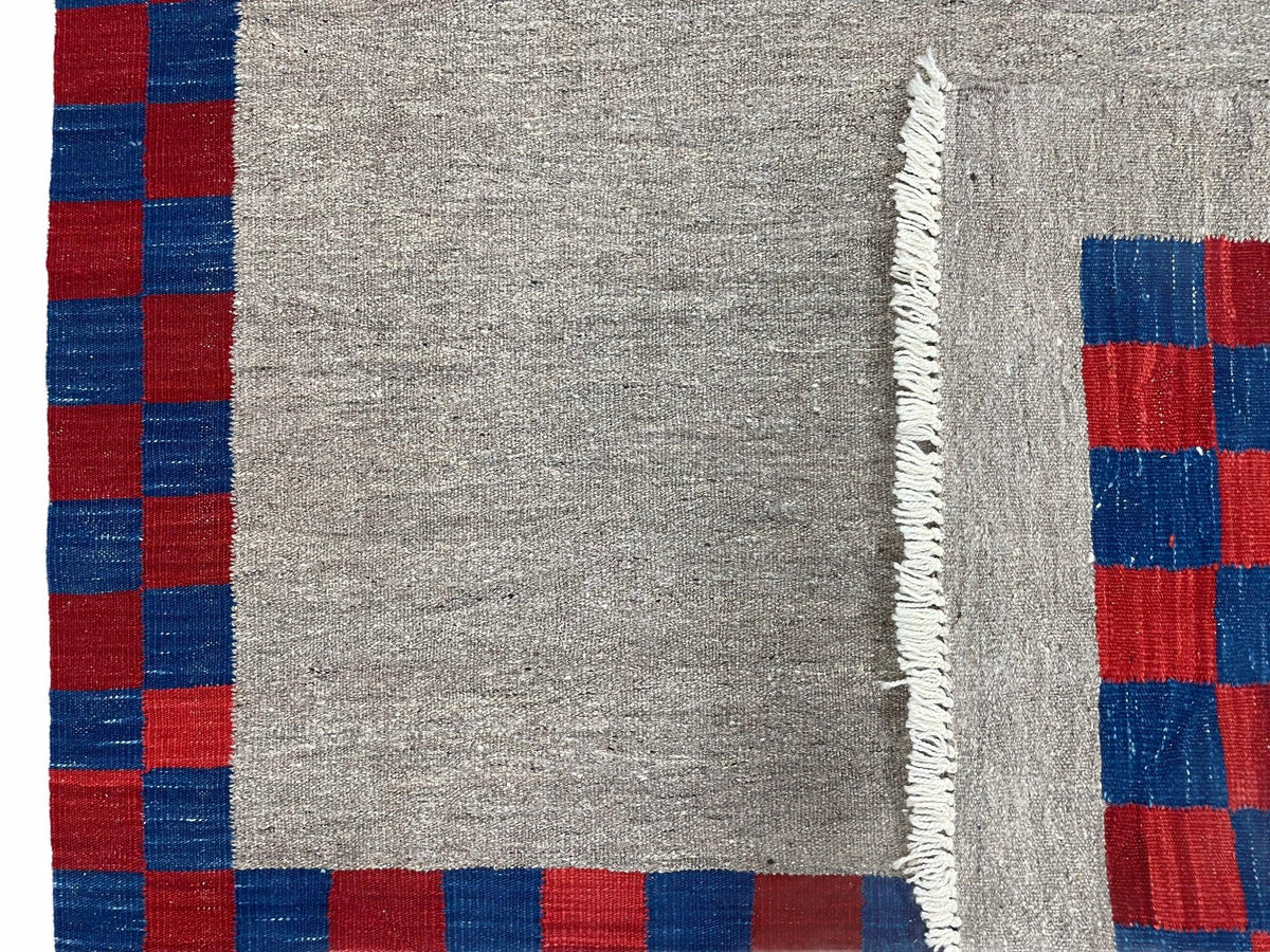 5' 7" x 7' 9" Geometric Kilim Carpet, Gray, Handmade, Hand-Knotted Area Rug, Blue & Red, Flatweave, Wool, New, Checkerboard Pattern - Jewel Rugs, view 11