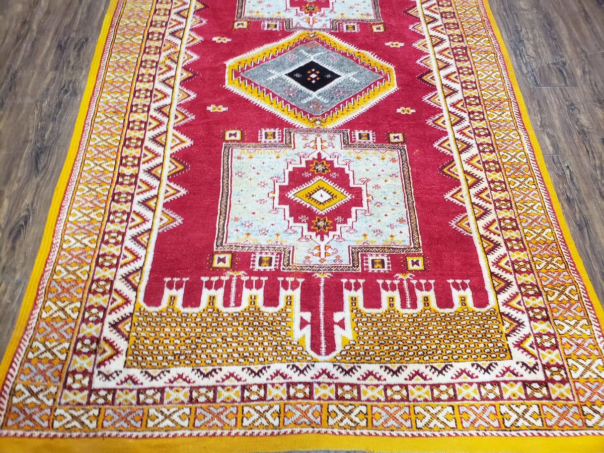 Vintage Moroccan Rug 6x10, Red and Yellow Moroccan Carpet, Handmade Bohemian Tribal Area Rug, Hand-Knotted 1970s Wool Rug, Medalions - Jewel Rugs, view 6