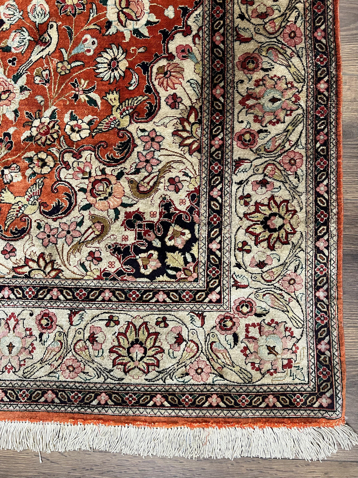 Persian Qum Silk Rug 5x7 - Floral Medallion, Birds, Orange-Red - Jewel Rugs, view 9