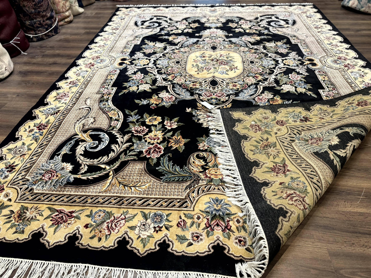 Aubusson Rug 9x12, Black and Beige, Floral, Elegant Handmade French European Design Carpet - Jewel Rugs, view 12