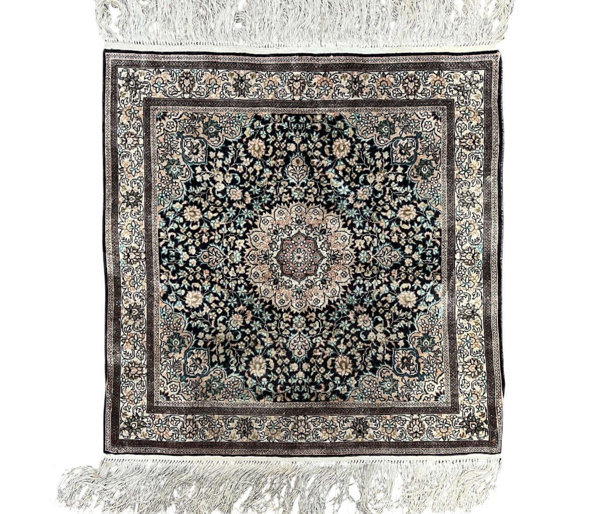 Sino Persian Silk Rug 2x2 ft, Very Fine High KPSI Small Silk Oriental Carpet, Hand-Knotted, Medallion, Vintage Silk Rug, Black Ivory/Cream - Jewel Rugs, view 7