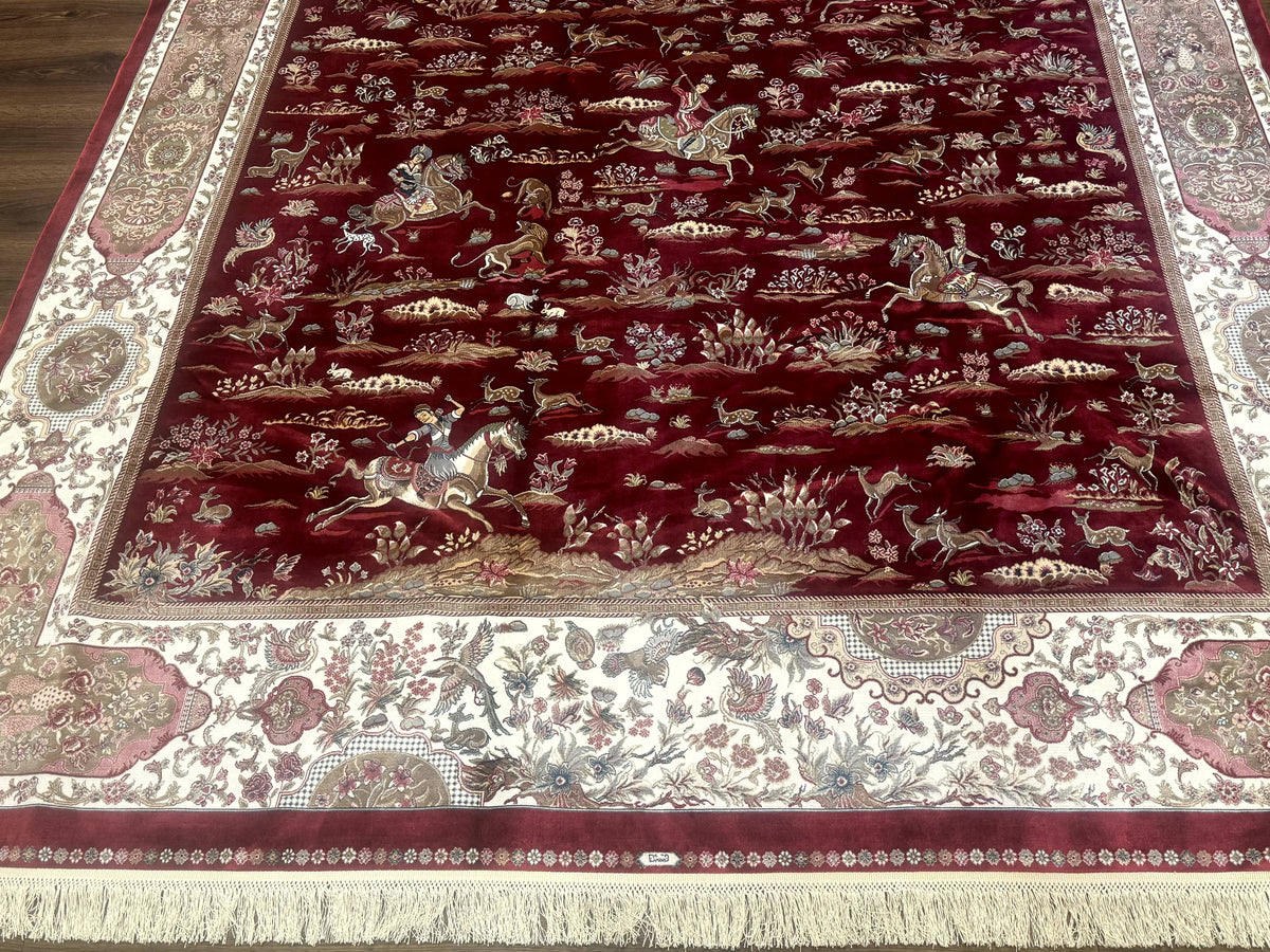 Turkish Silk Rug 8x10, Red & Ivory, Hunting Design, Bamboo Silk, New - Jewel Rugs, view 5