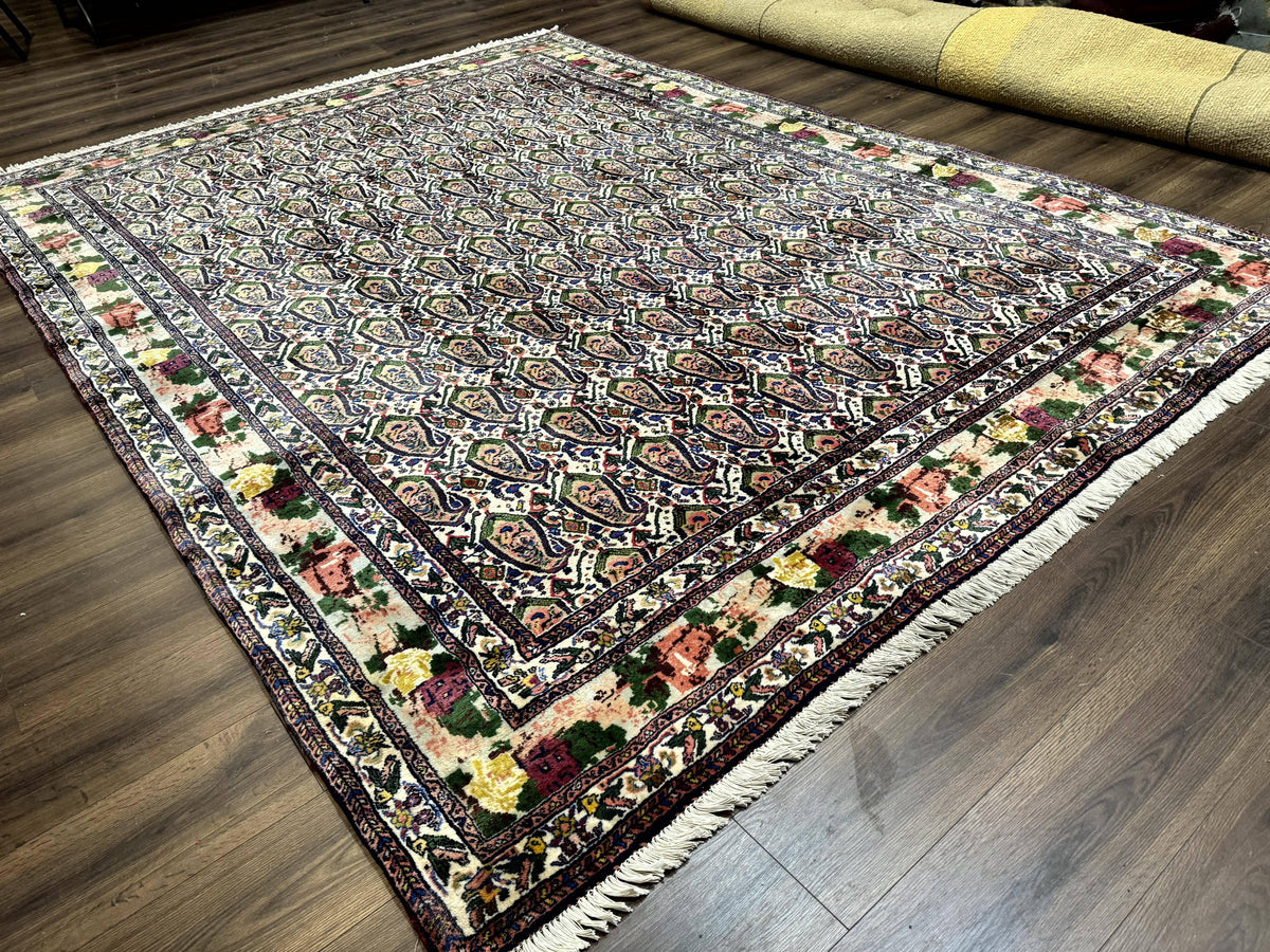 Persian Kurdish Rug 8x11, Repeated Allover Boteh Paisley Design, Bird Pictorials, Rare Antique Sannadaji Carpet - Jewel Rugs, view 14