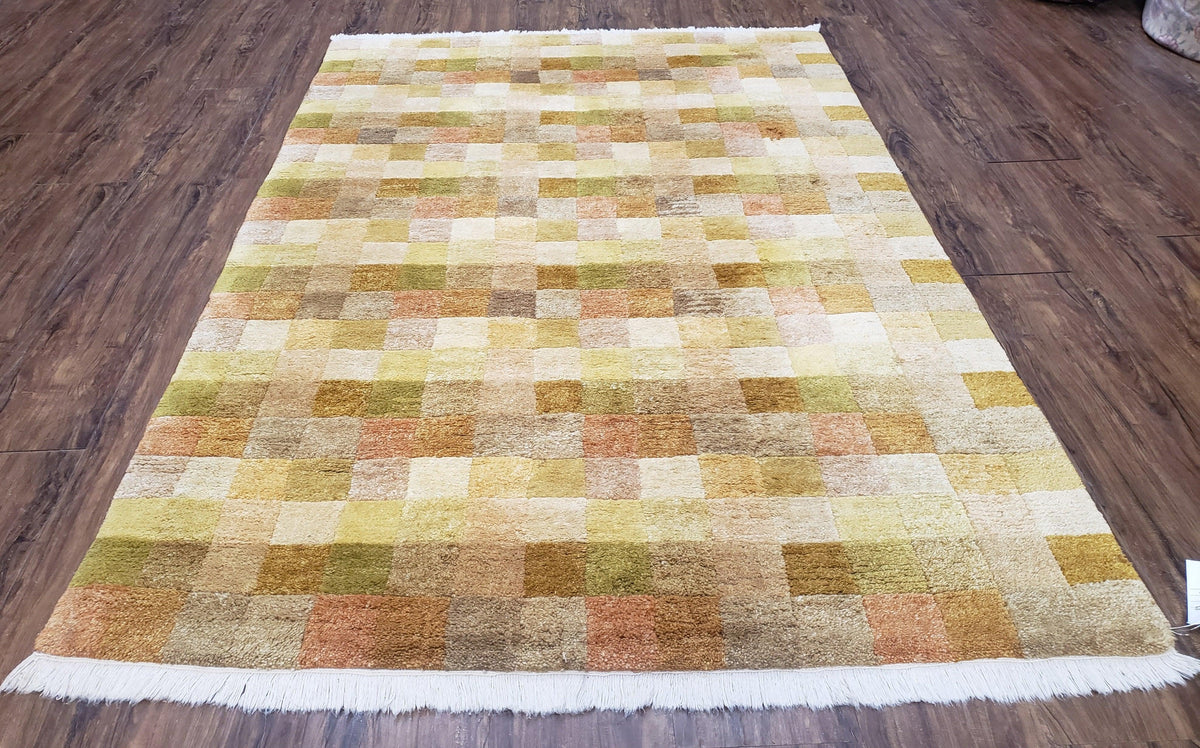 4x6 Tibetan Rug, Modern Abstract Handmade Area Rug, Checkerboard Pattern, Neutral Ivory Gold Tan Colors, Soft Pile, Mid Sized Rug, Nepali - Jewel Rugs, view 2