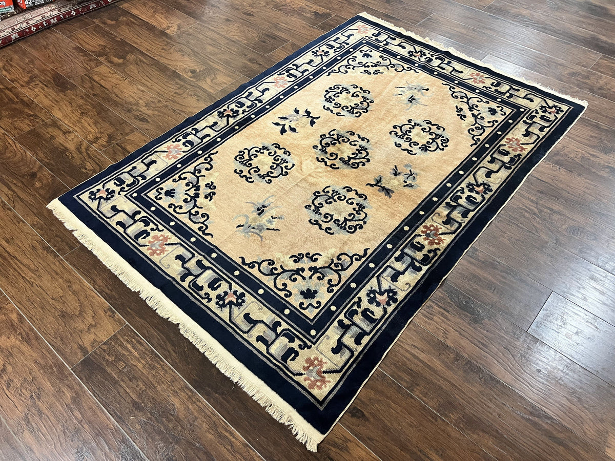 Chinese Peking Rug 4x6, Wool Hand Knotted Handmade Vintage Semi Antique Carpet, Semi Open Field, Light Peach & Navy Blue, Art Deco Rug - Jewel Rugs, view 3