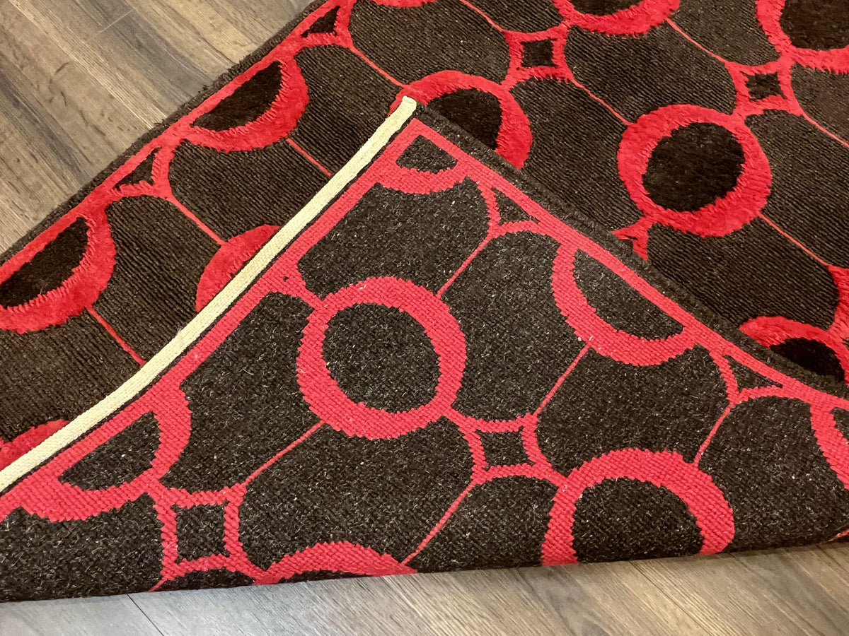 Modern Tibetan Rug 3.8 x 5.7, Raspberry Red and Dark Brown, Abstract Circle Design, Hand Knotted, Soft Wool Handmade Tibet Nepali Carpet 4x6 - Jewel Rugs, view 11