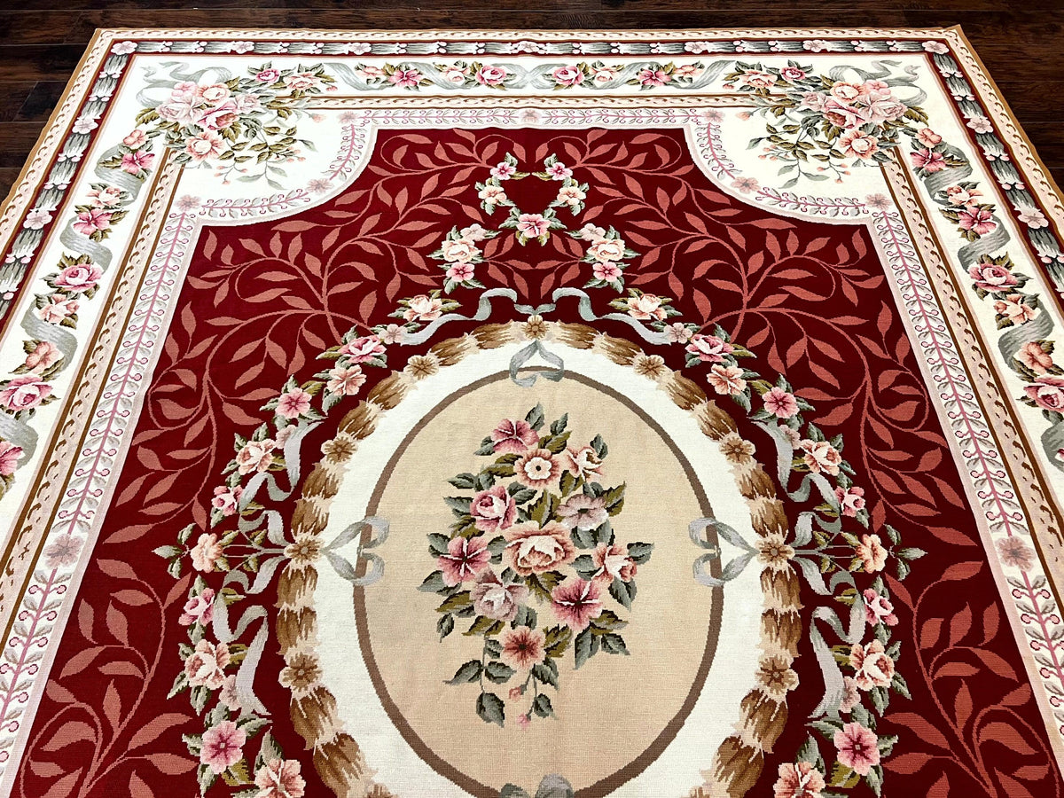Wonderful Aubusson Rug 9x12, Handmade Vintage Needlepoint Carpet, Red and Ivory, Elegant European Design, Wool - Jewel Rugs, view 12