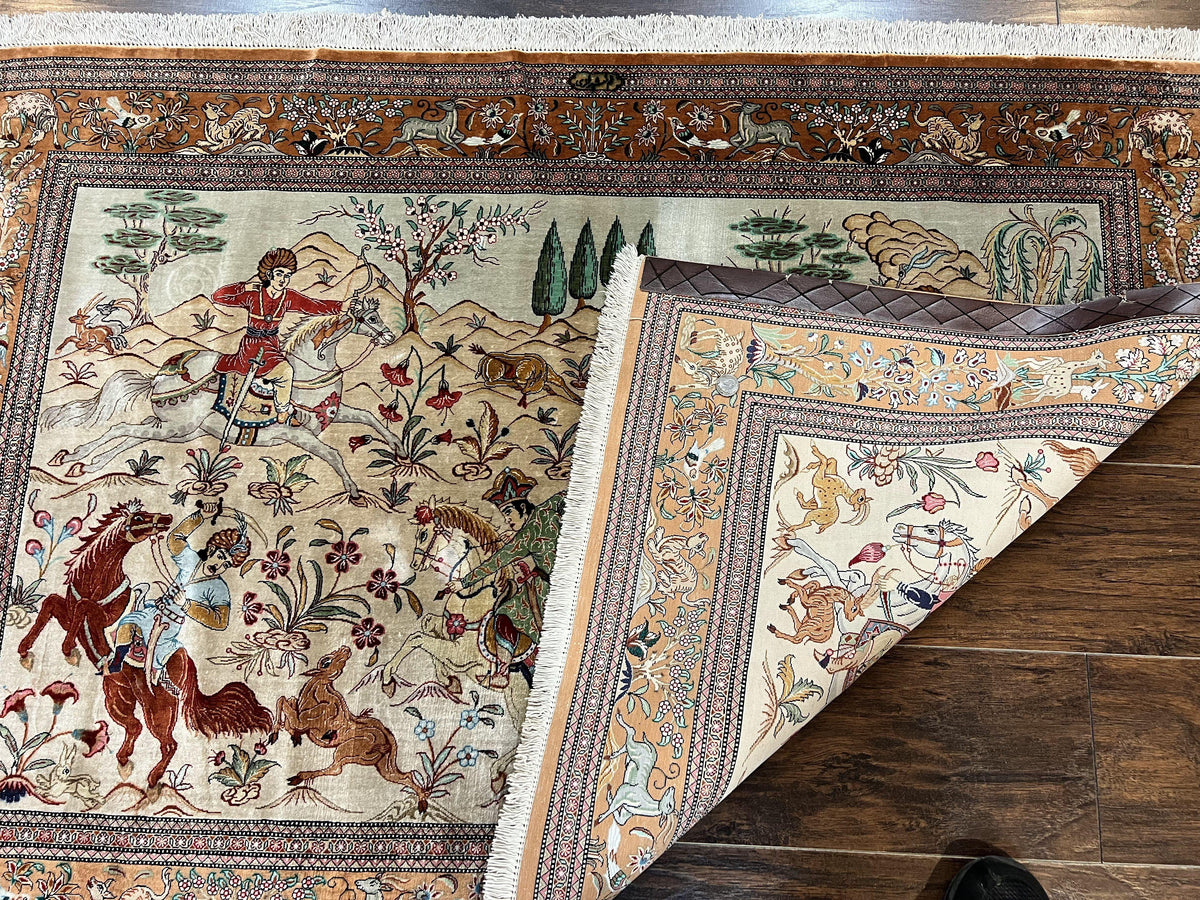 Silk Persian Qum Rug 3x5, Hunting Pattern, Handmade Vintage Carpet, Signed by Master Weaver, Horsemen Pictorials, Super Fine 650 KPSI - Jewel Rugs, view 11