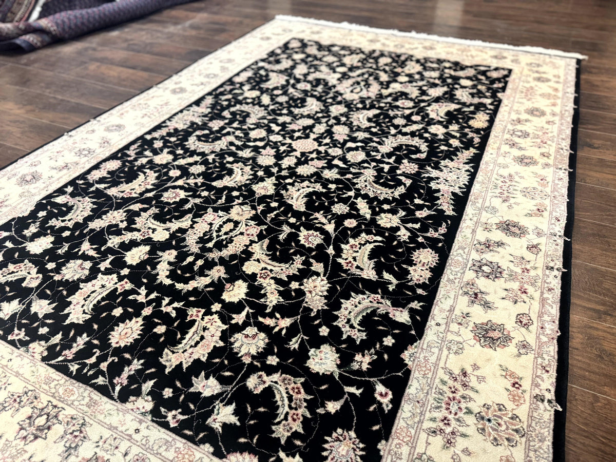 Sino Persian Rug 6x9, Black and Ivory, Wool and Silk Highlights, Handmade - Jewel Rugs, view 3