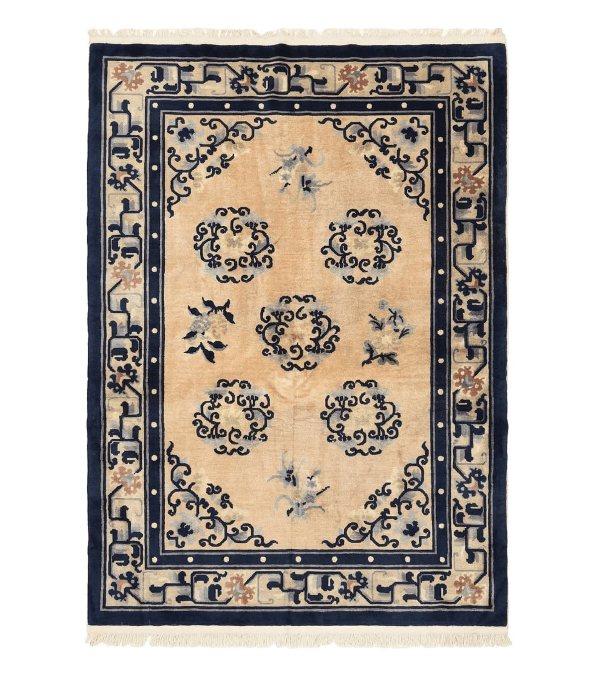 Chinese Peking Rug 4x6, Wool Hand Knotted Handmade Vintage Semi Antique Carpet, Semi Open Field, Light Peach & Navy Blue, Art Deco Rug - Jewel Rugs
