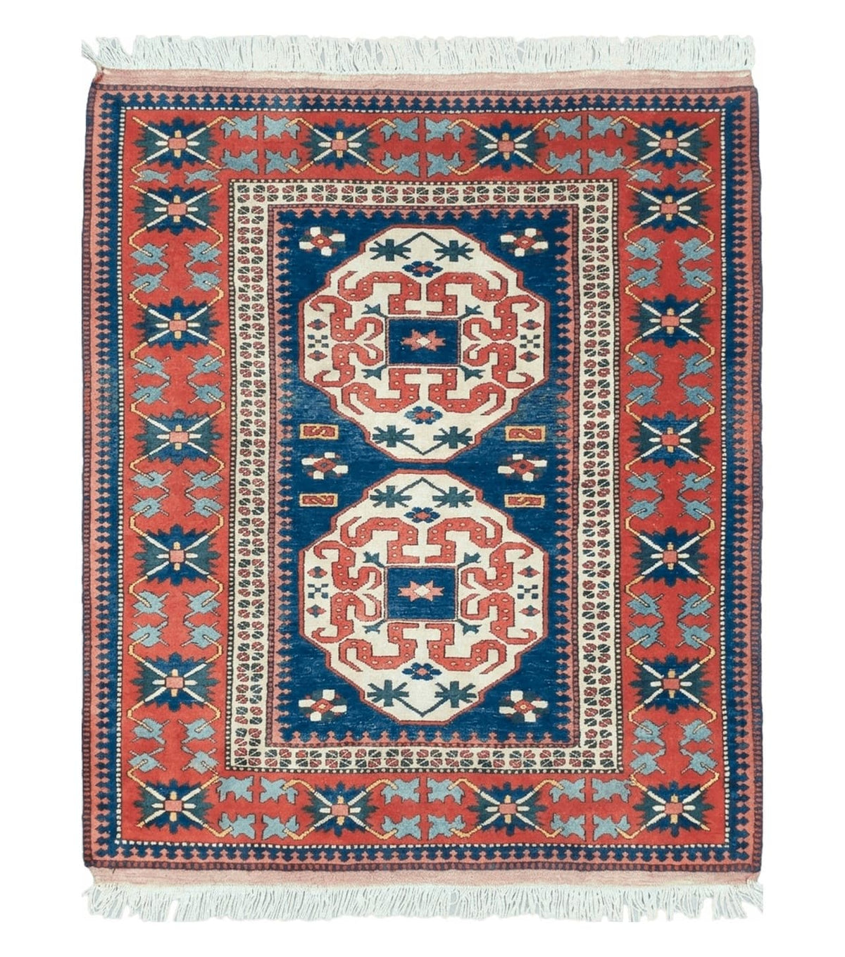 Turkish Kazak Rug 5x6 Vintage Handmade Wool Carpet Geometric Blue Red - Jewel Rugs