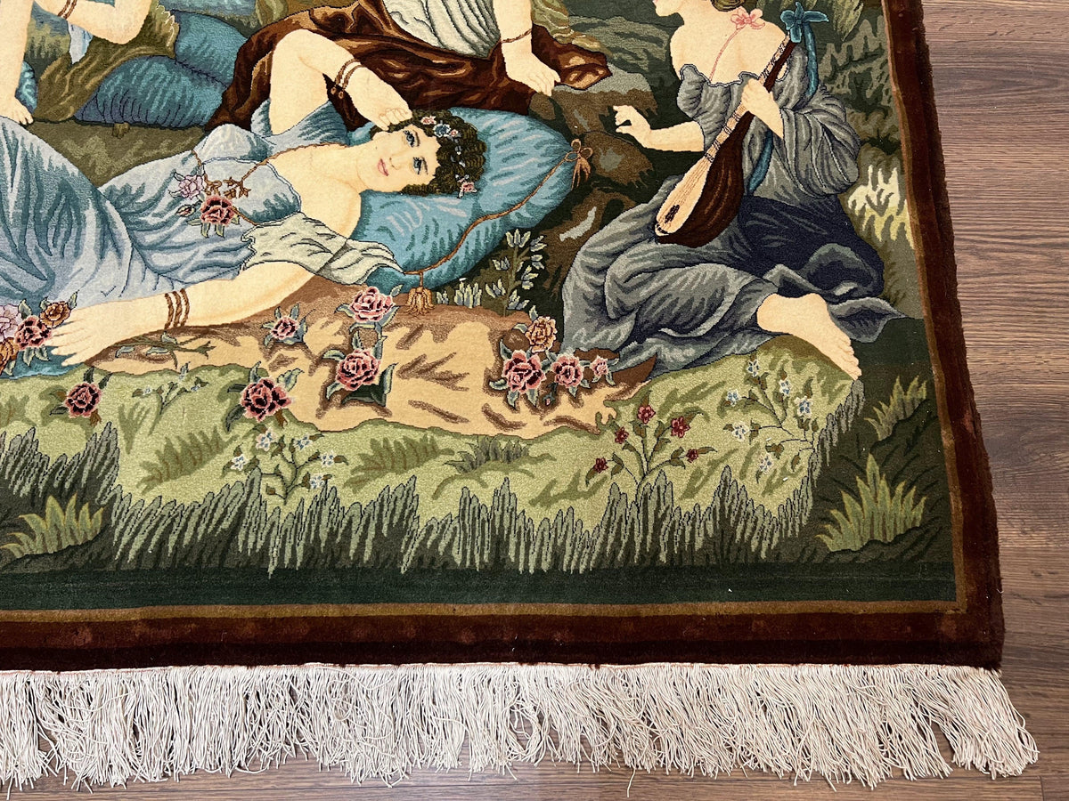 Persian Tabriz Pictorial Rug 5x3, Women Laying By River, Super Fine 60 Raj 480+ KPSI, Hand Knotted Wool Rug, Semi Antique Vintage Oriental Carpet - Jewel Rugs, view 9