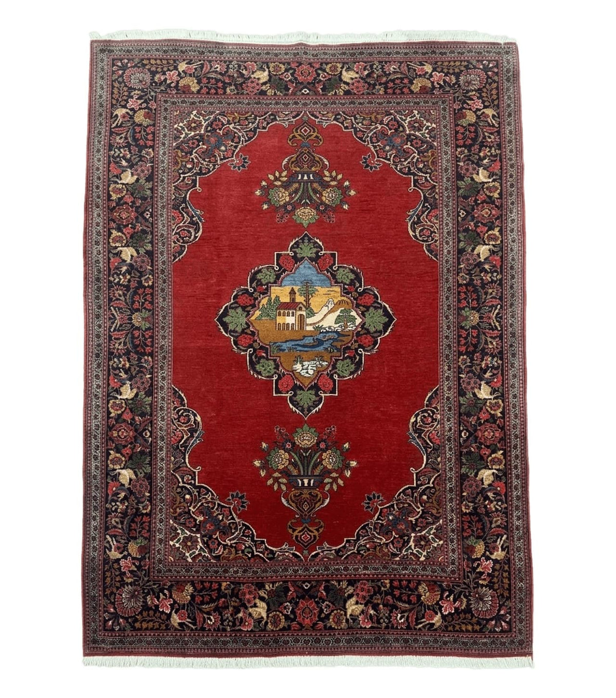 Red Persian Kashan Rug 4x6, Very Fine 260 KPSI, Red and Navy Blue Persian Carpet, Semi Open Field - Jewel Rugs