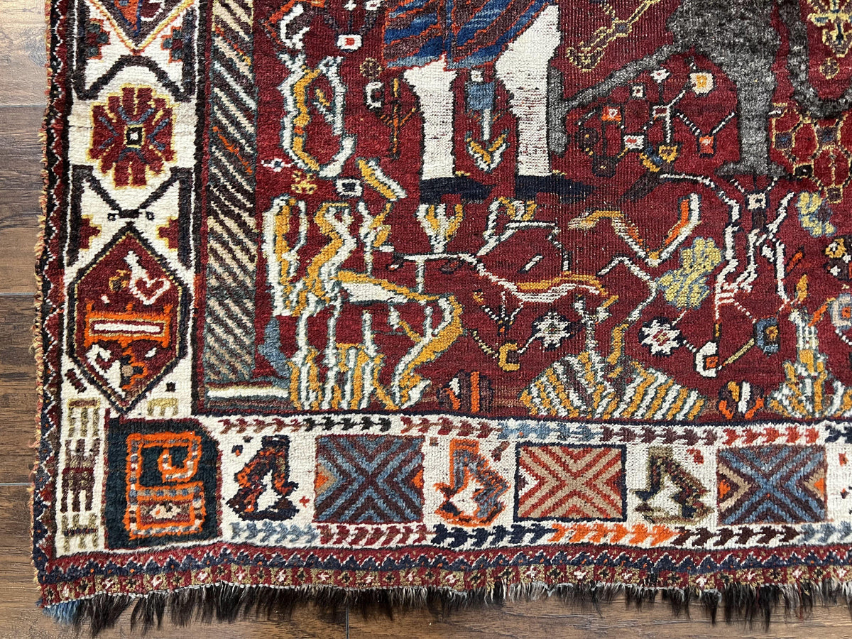 Antique Persian Shiraz Pictorial Rug 3.6 x 5, Persian Tribal Rug, Handmade, Lions, Highly Unique Collectible Small Persian Carpet, Maroon, Wool - Jewel Rugs, view 9