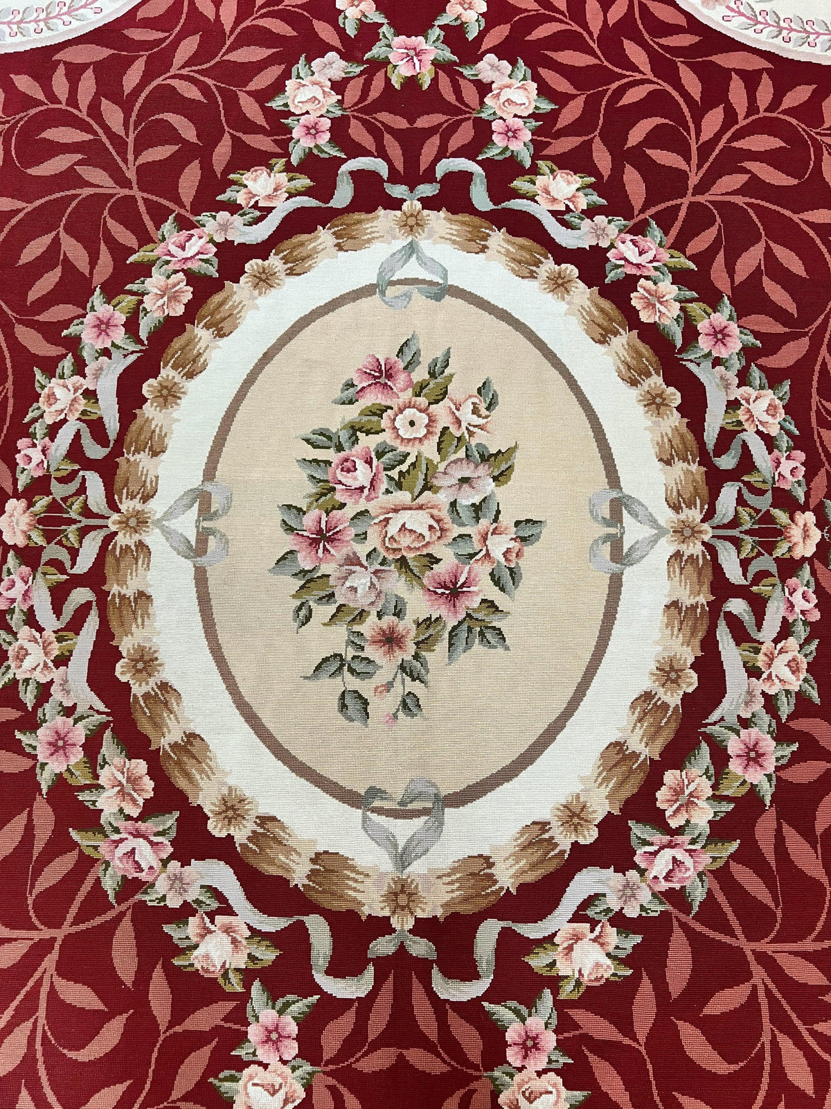 Wonderful Aubusson Rug 9x12, Handmade Vintage Needlepoint Carpet, Red and Ivory, Elegant European Design, Wool - Jewel Rugs, view 5