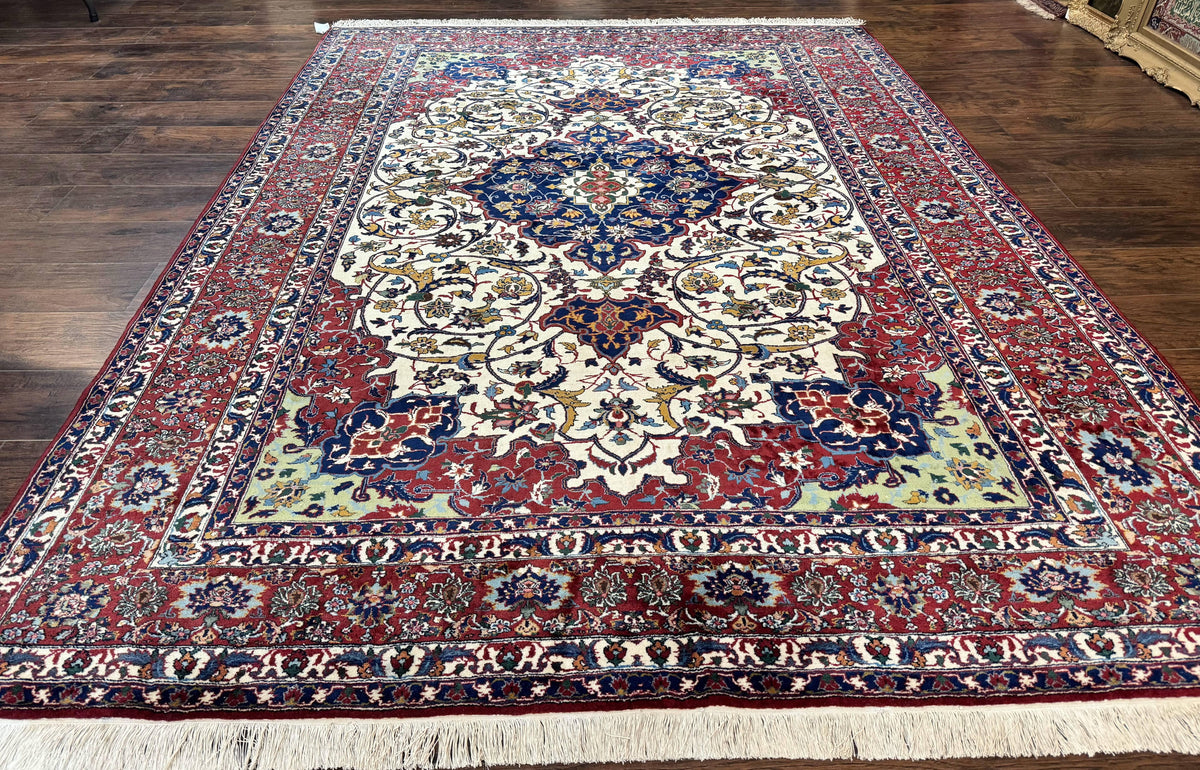 Wonderful Persian Isfahan Rug 7x9, Ivory Navy Blue Red, Floral Medallion, Very Finely Hand Knotted 260 KPSI, Handmade Wool Vintage Rug - Jewel Rugs, view 2