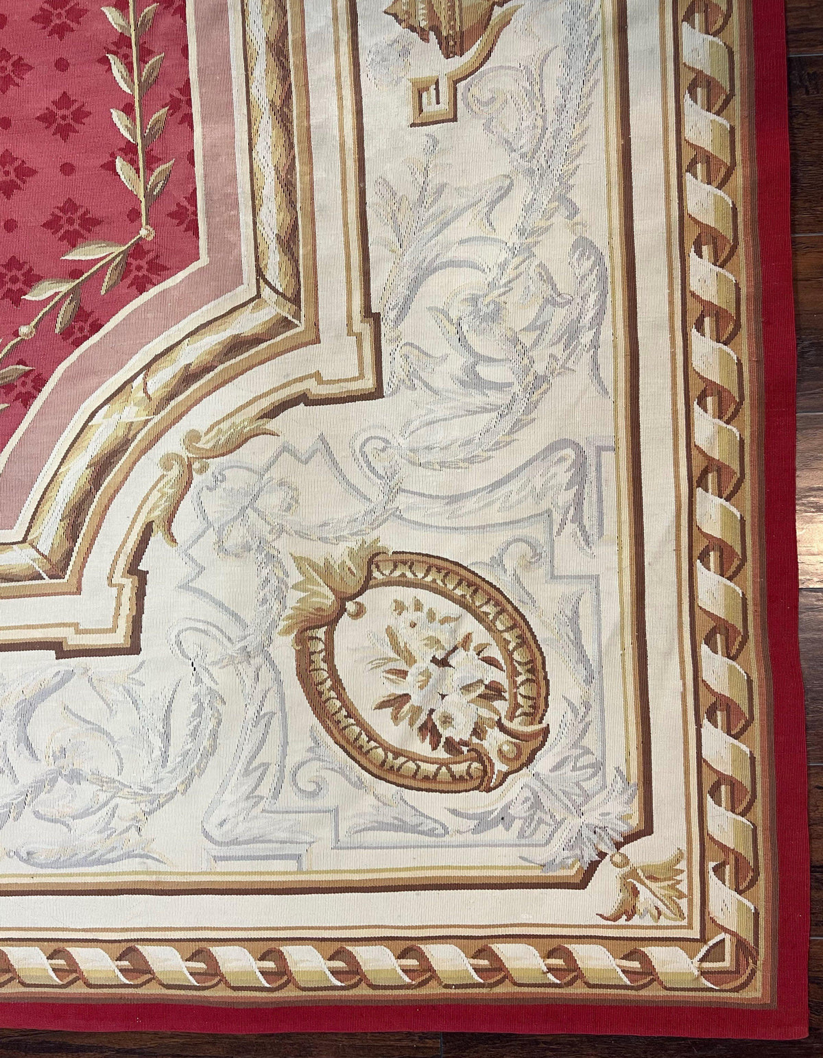 Aubusson Rug 9x12 ft, Red and Ivory Elegant Aubusson Carpet, Flatweave, Vintage Wool Handmade Area Rug 9 x 12, French European Design - Jewel Rugs, view 10