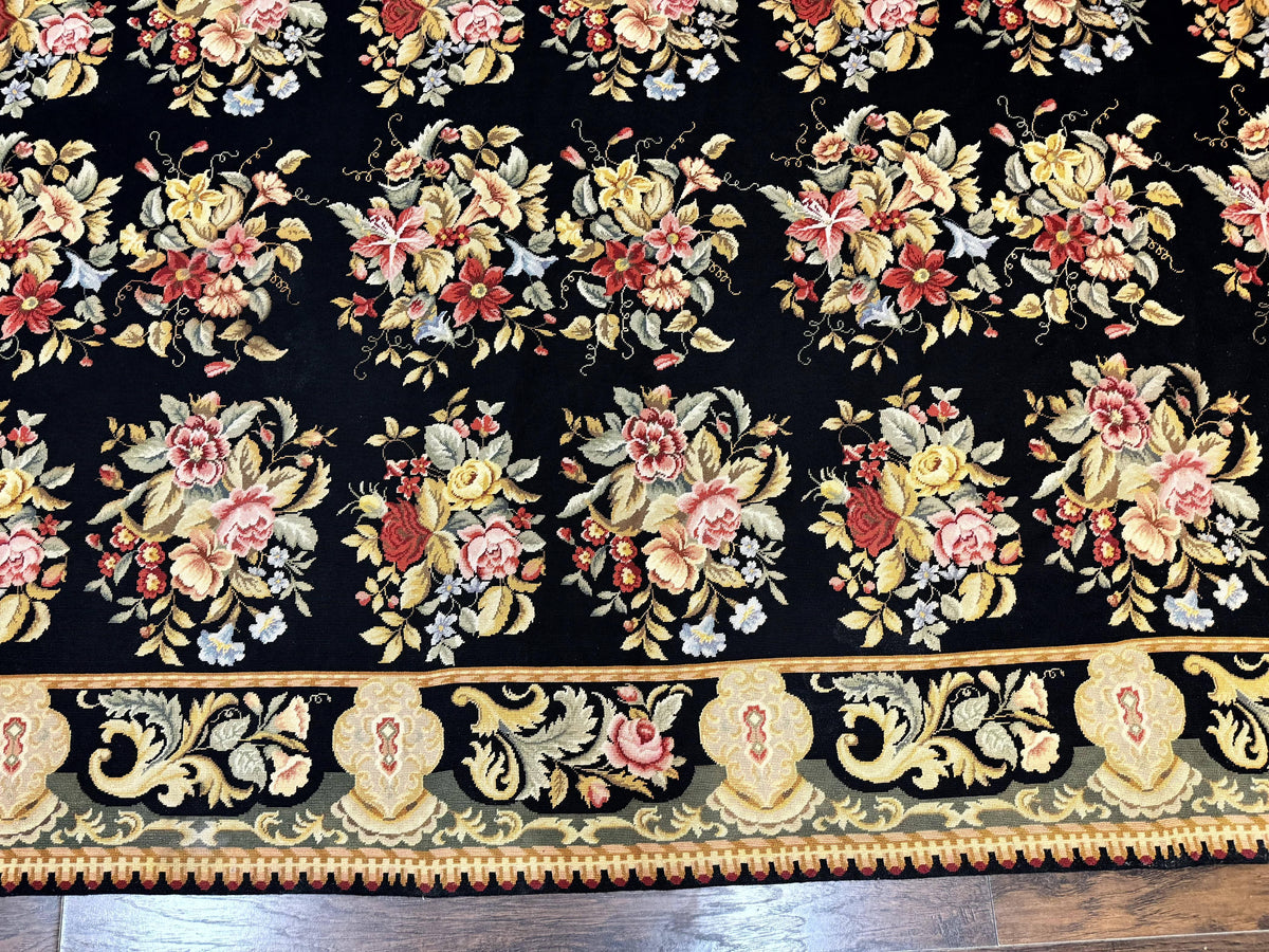 Palace Size Needlepoint Rug 12x16, Black and Colorful, Floral Panel, Handmade Oversized Wool Needlepoint Carpet, Rare - Jewel Rugs, view 6