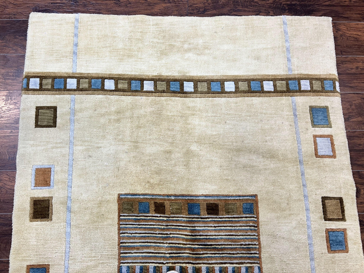 Tibetan Rug 5x8, Contemporary Rug 5 x 8 ft, Cream Brown Blue Hand-Knotted Wool w/ Silk Highlights Tibetan Carpet, Modern Rug - Jewel Rugs, view 4