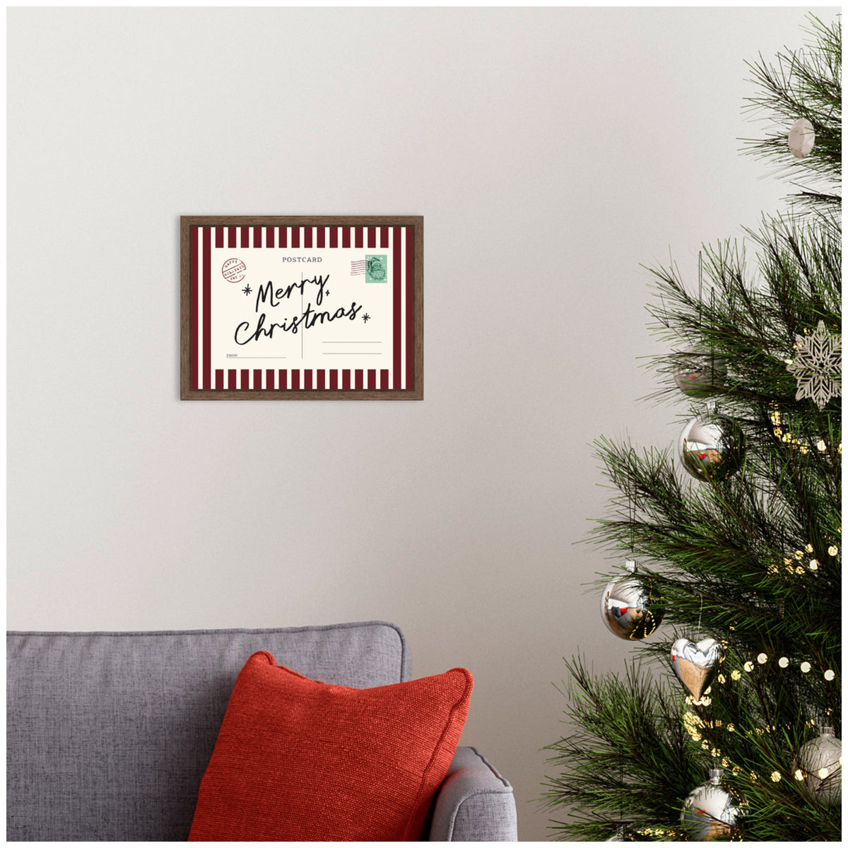Vintage Merry Christmas Card by Lucky Guava Framed Canvas Wall Art Print