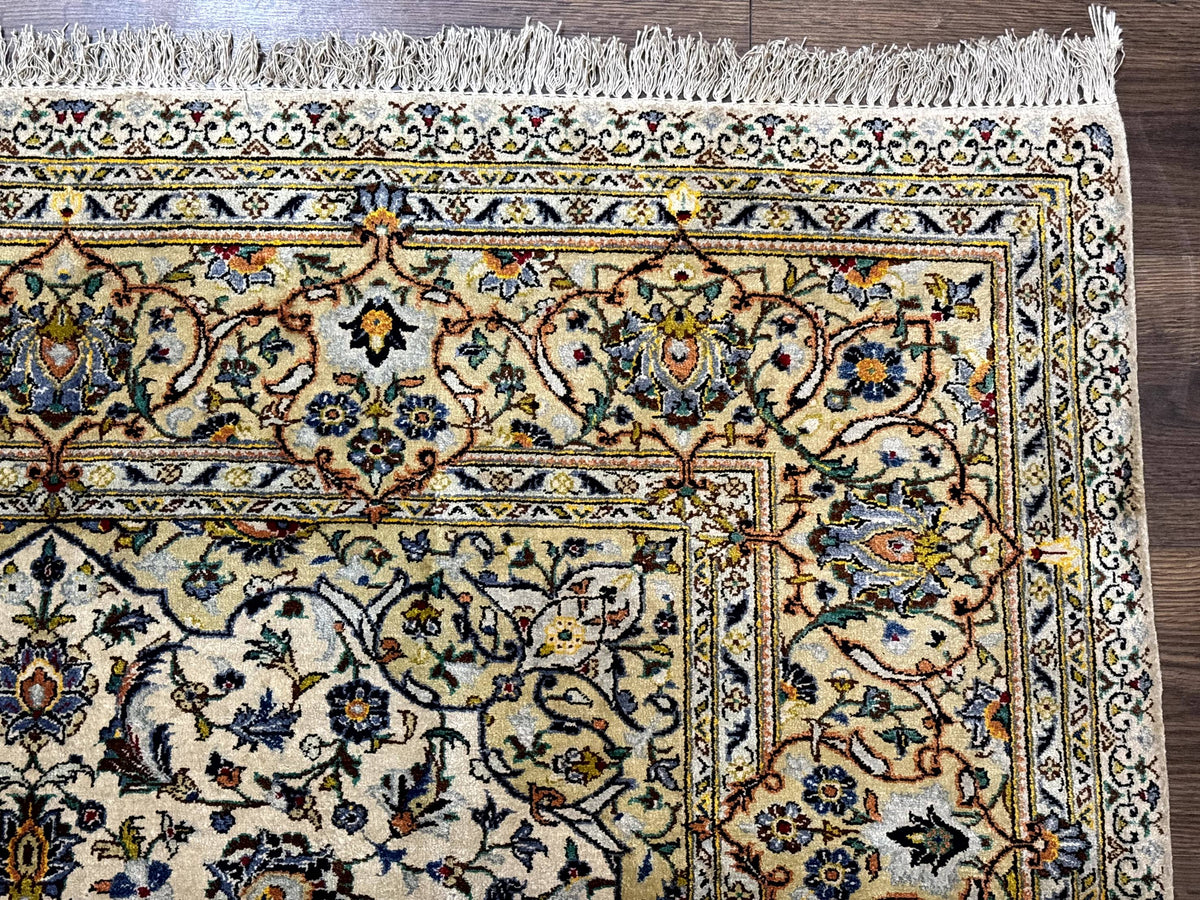 Rare Silk Persian Kashan Rug 4.6 x 7, Antique Fine 310 KPSI, Ivory - Jewel Rugs, view 7