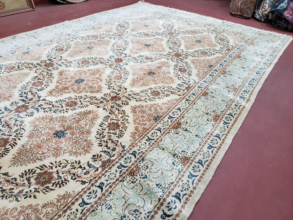 Fine Antique Persian Light Colored Kashan Carpet, 7x12, Top Quality, Rare, Ivory & Blues, Hand-Knotted, Wool - Jewel Rugs, view 4