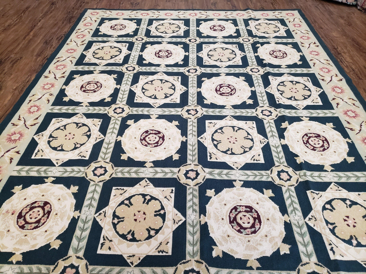 Vintage Chinese Needlepoint Rug 6x9, Panel Design Area Rug Wool Hand-Woven Black & Ivory Carpet Flat Weave Bedroom Rug 6 x 9 Living Room Rug - Jewel Rugs, view 13