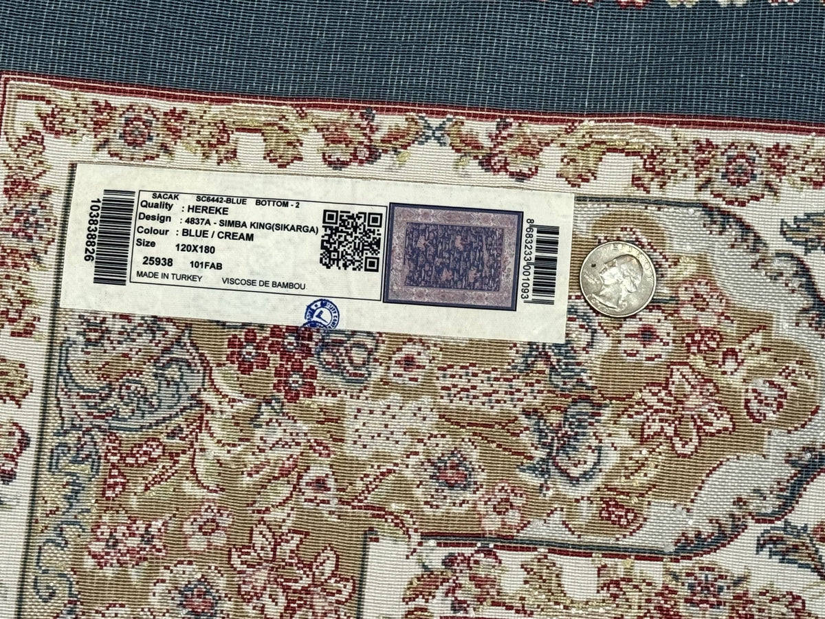 Turkish Silk Hunting Design Rug 4x6, Dark Steel Blue & Ivory, Bamboo Silk, New - Jewel Rugs, view 10