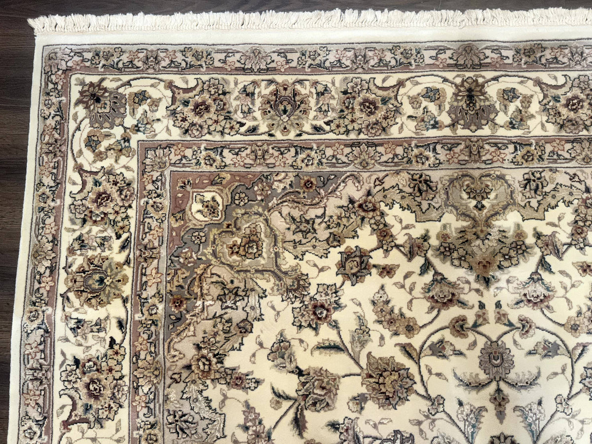 Sino Persian Rug 6x9, Floral Medallion, Ivory & Taupe, Wool with Silk Highlights, Fine 210 KPSI - Jewel Rugs, view 6