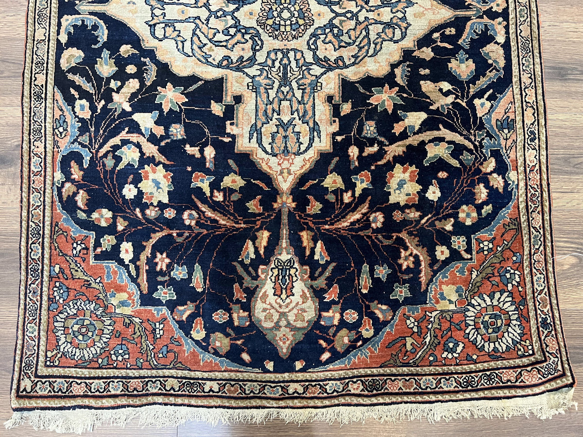 Antique Persian Rug 3.5 x 5, Sarouk Farahan Rug, High Quality 1920s Fine Oriental Carpet 3 x 5 ft, Large Medallion, Floral, Navy Blue Red, Hand Knotted Wool Rug - Jewel Rugs, view 5