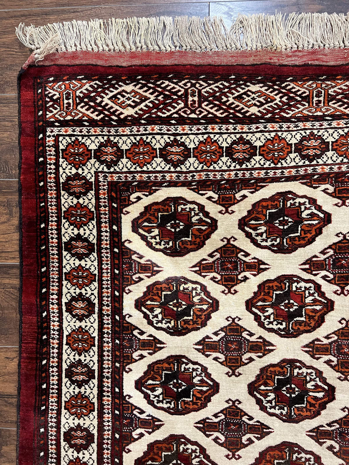 Persian Turkoman Rug 7x8, Almost Square Rare, Hand Knotted, Yamud, Bohemian Rug, Handmade Tribal Rug, Cream Red, Handmade Oriental Carpet - Jewel Rugs, view 7