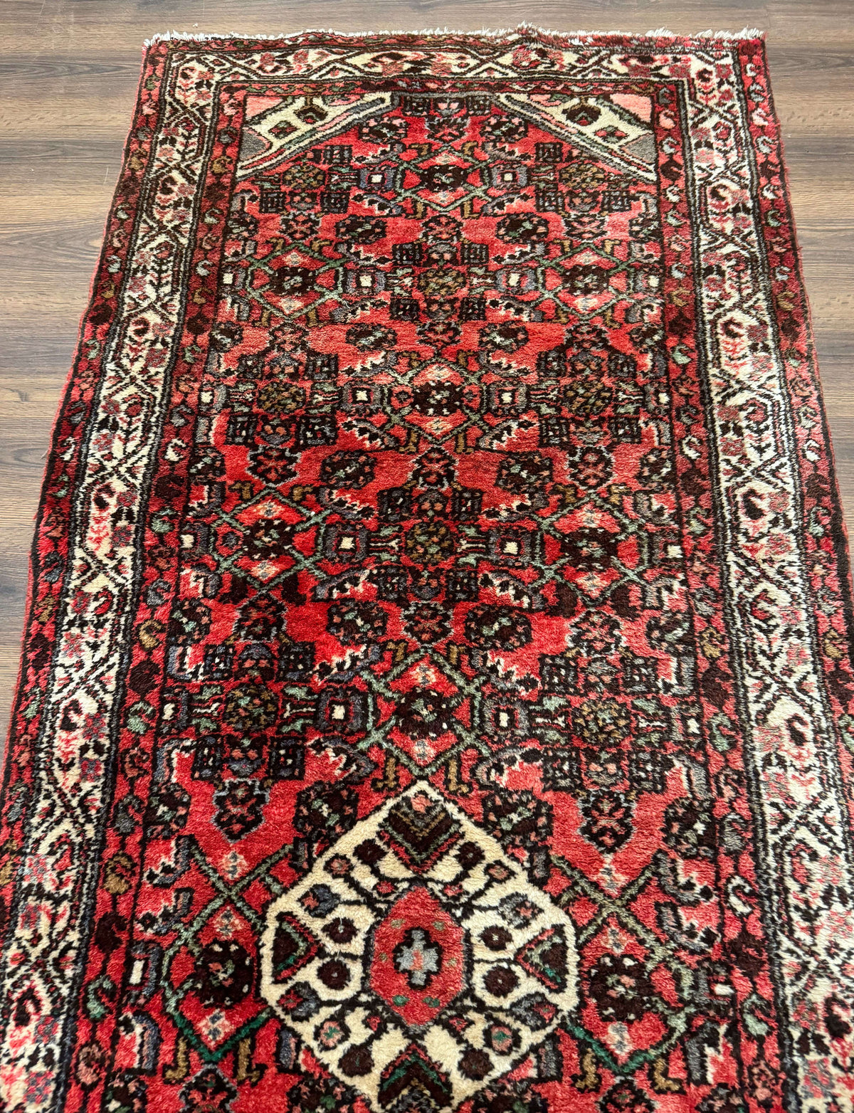 Persian Runner Rug 3x10, Wool Hand Knotted Hallway Rug 3 x 10 ft, Red and Ivory, Hamadan Angelas Runner - Jewel Rugs, view 3