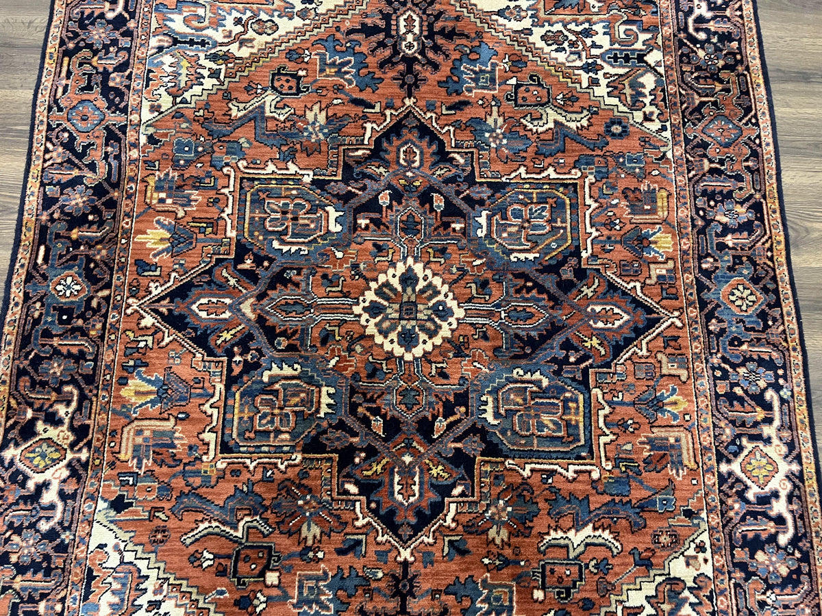 Heriz Rug 5.6 x 8, Geometric Medallion, Wool Oriental Carpet, Tribal Boho Rug, Red Navy Blue Cream, Belgium Power Loomed Rug, Medium Sized - Jewel Rugs, view 5