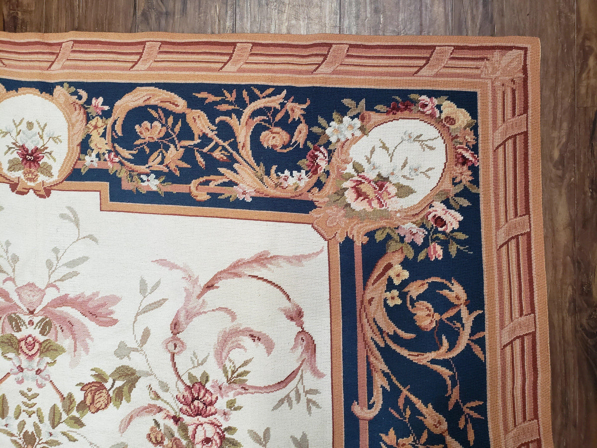 Chinese Aubusson Savonnerie Area Rug 6x8, Vintage Hand-Woven Needlepoint Rug, Flat Weave Handmade Wool Carpet Living Room Ivory & Navy Blue - Jewel Rugs, view 7