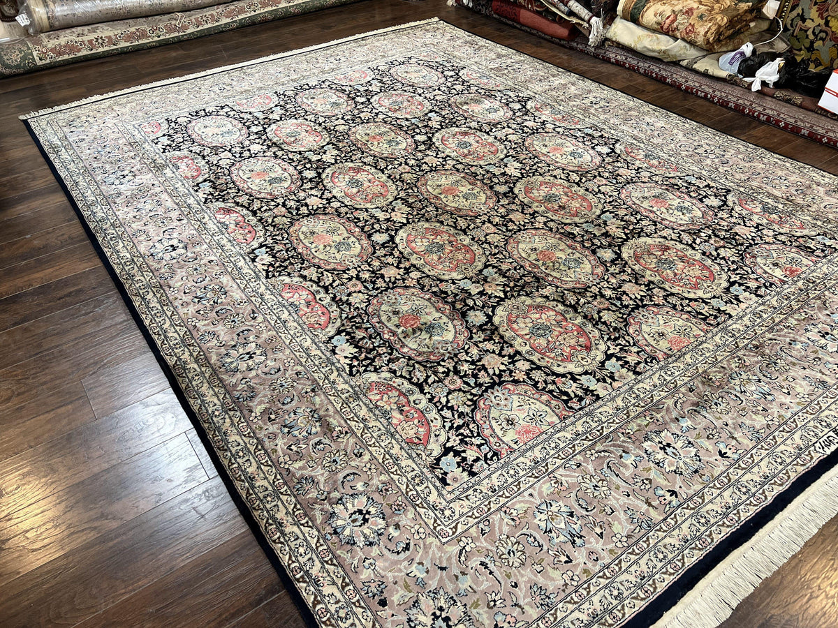 Sino Persian Rug 9x12, Navy Blue and Pink Hand Knotted Wool and Silk Highlights Vintage Oriental Carpet, Handmade Floral Area Rug 9 x 12 ft - Jewel Rugs, view 12