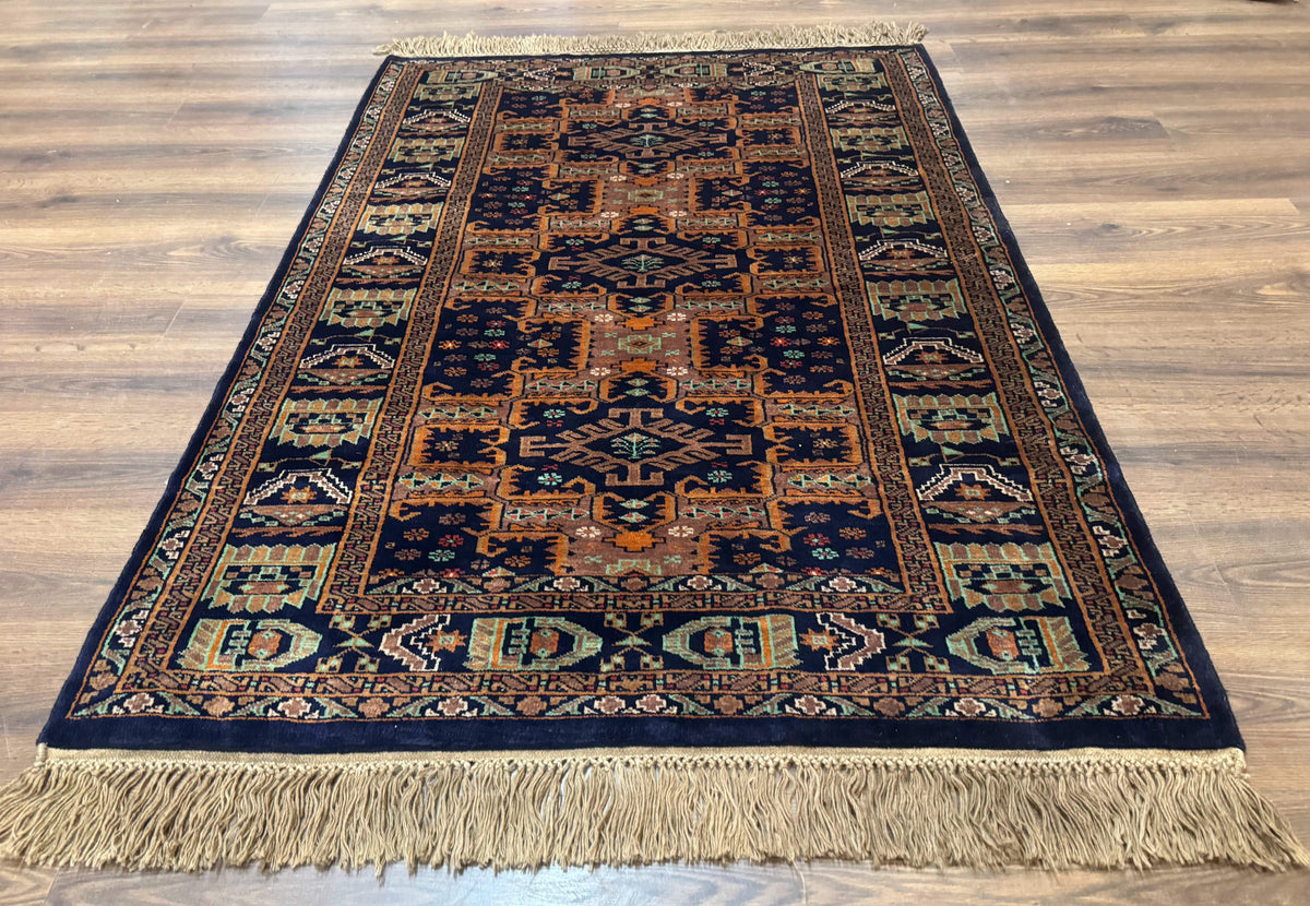 Vintage Afghan Rug 4x6, Navy Blue and Light Brown, Geometric Medallions, Wool on Wool, Tribal Rug - Jewel Rugs, view 2