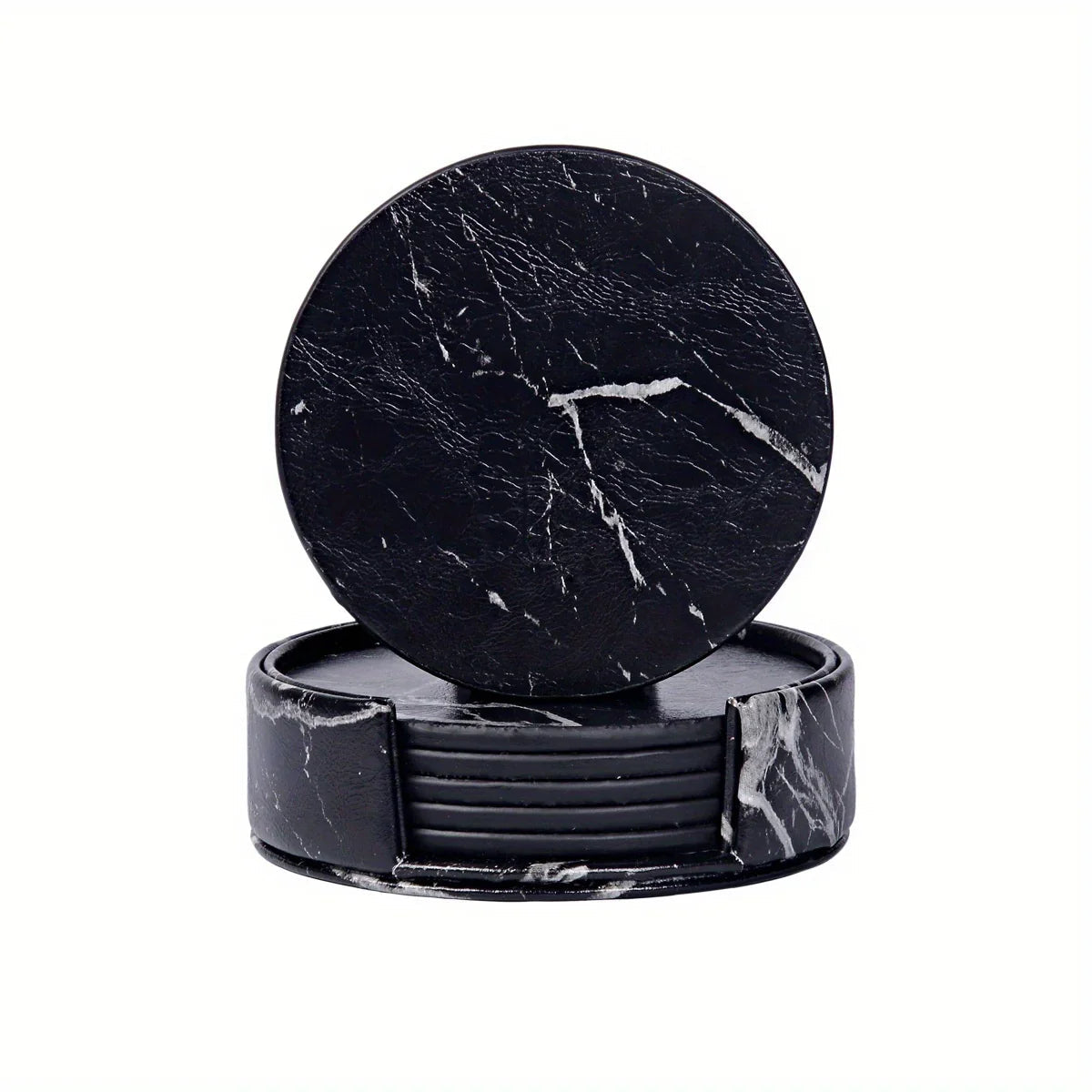 6pcs WAIYIFON Premium Faux Leather Drink Coasters with Holder - Elegant Black, Round Cup Mats for Tabletop Protection, Ideal for Home & Kitchen Use - Perfect Housewarming Gift