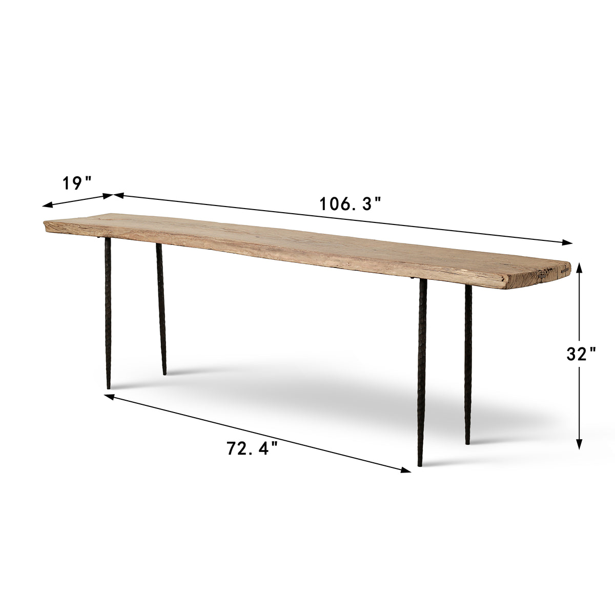 Approx.106 Inches Long Vintage Console Table with Metal Legs Weathered Natural Elmwood