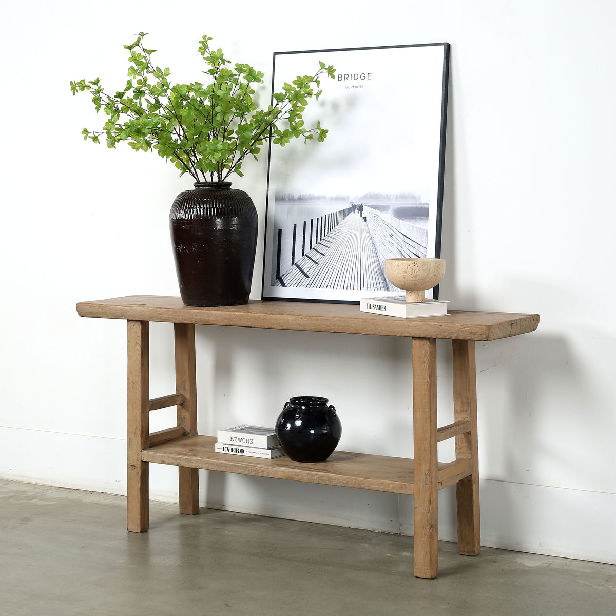 Vintage Console with Shelf Elmwood Weathered Natural 65.35x14.56x32.28H