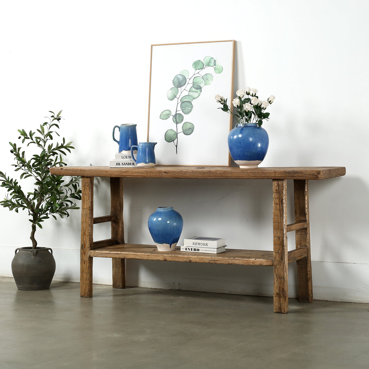 Approx. 72 Inches Long Vintage Console with Shelf Neutral Wood Tone 72x16.9x31.9H