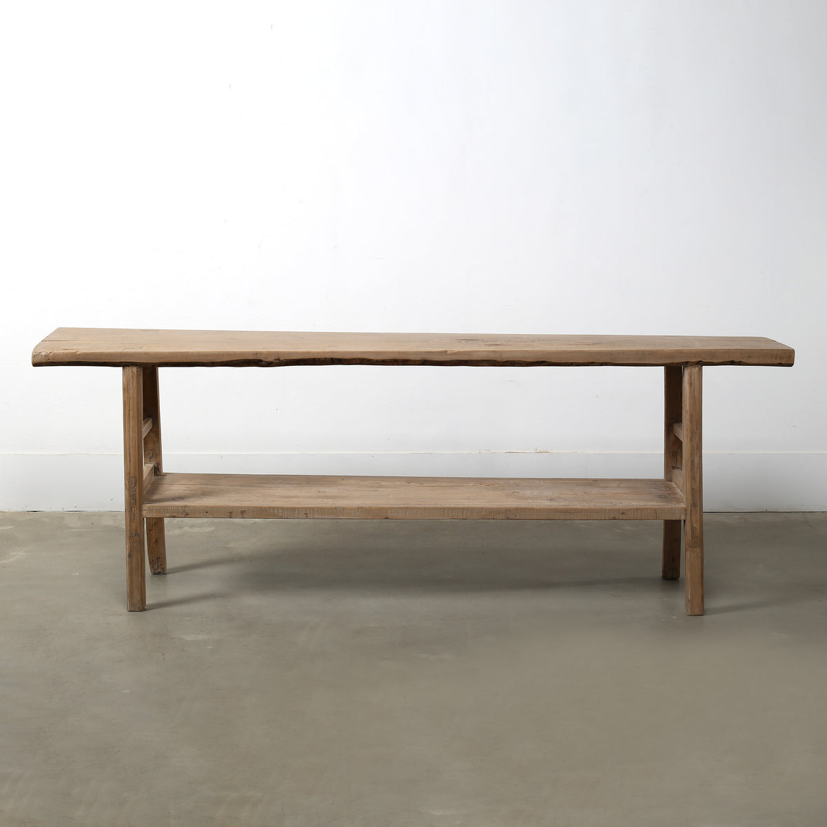 Vintage Console with Shelf Large about 7-8ft long weathered natural 91x15x33H