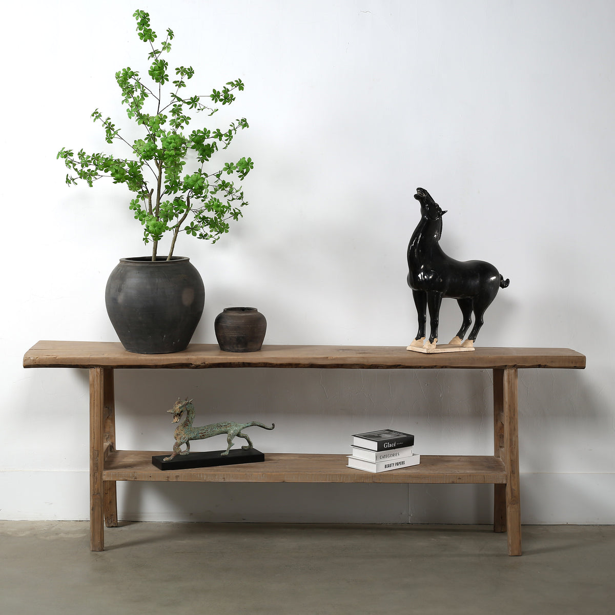 Vintage Console with Shelf Large about 7-8ft long weathered natural 91x15x33H