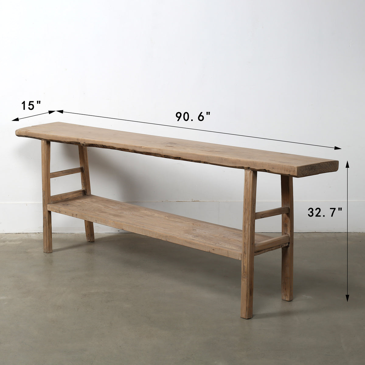 Vintage Console with Shelf Large about 7-8ft long weathered natural 91x15x33H