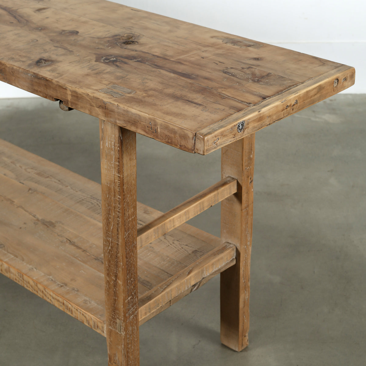 Vintage Console with Shelf Large about 7-8ft long weathered natural 89x18.5x33.8H
