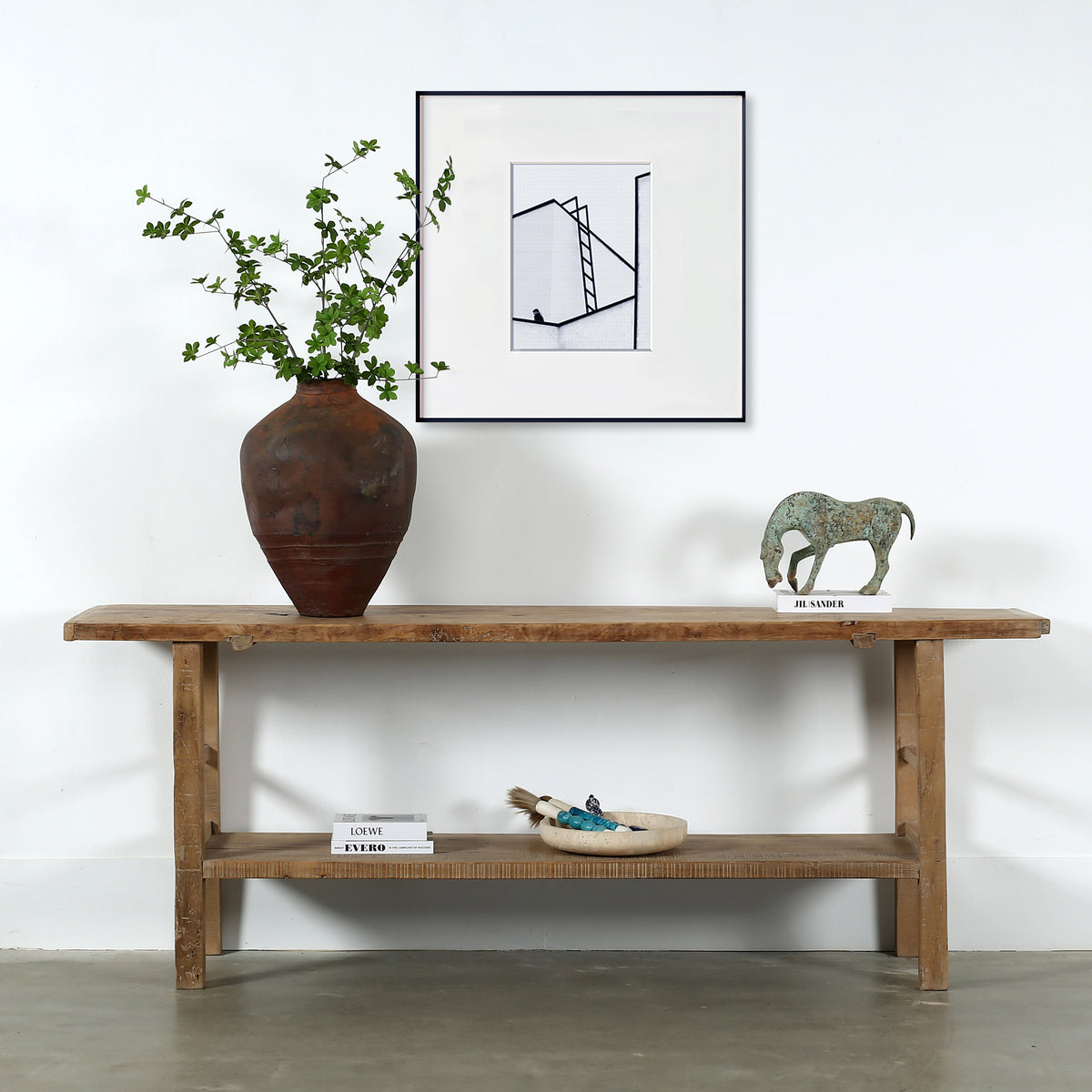 Vintage Console with Shelf Large about 7-8ft long weathered natural 89x18.5x33.8H