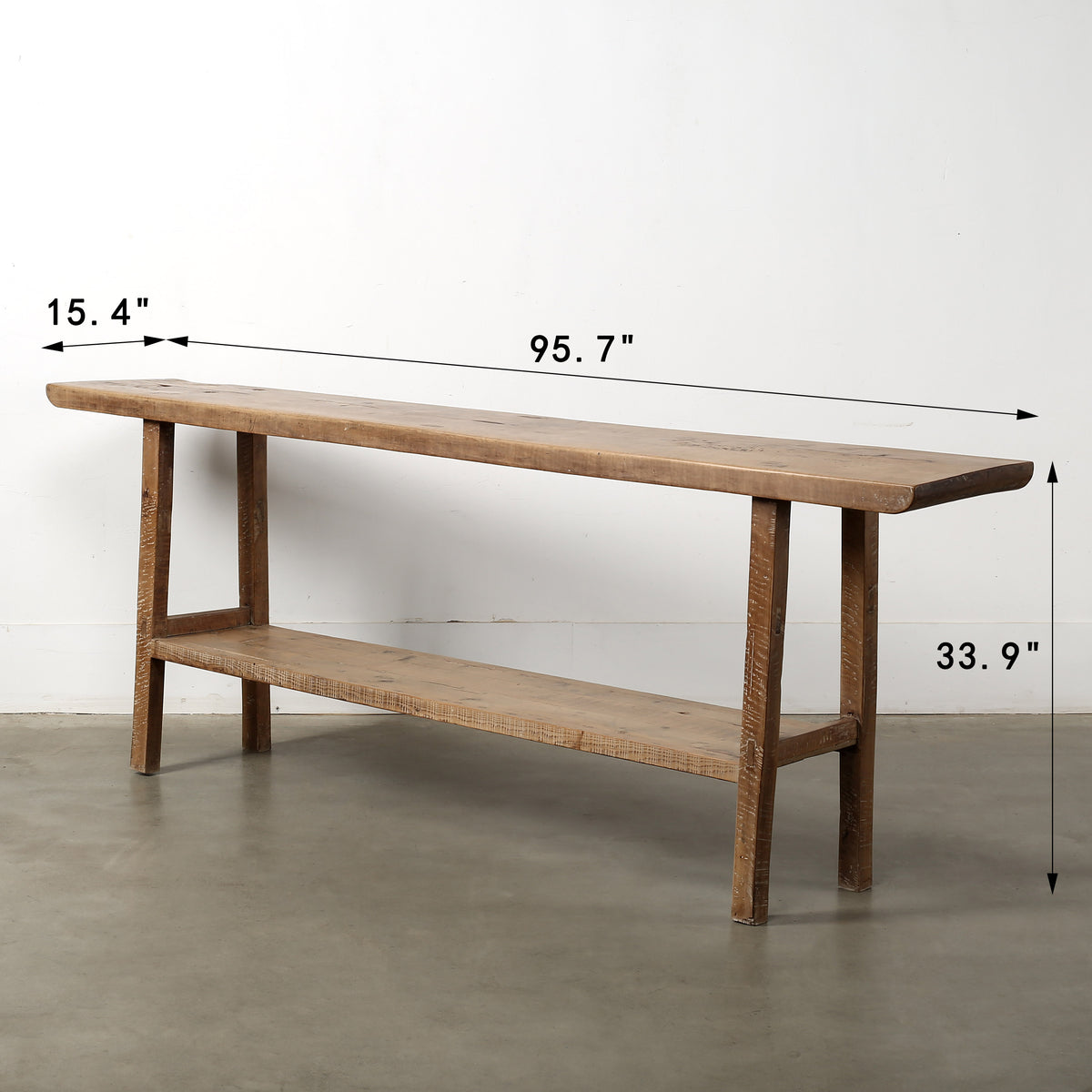 Vintage Console with Shelf Large about 7-8ft long Weathered Natural Pearwood 95.67x15.35x33.85H
