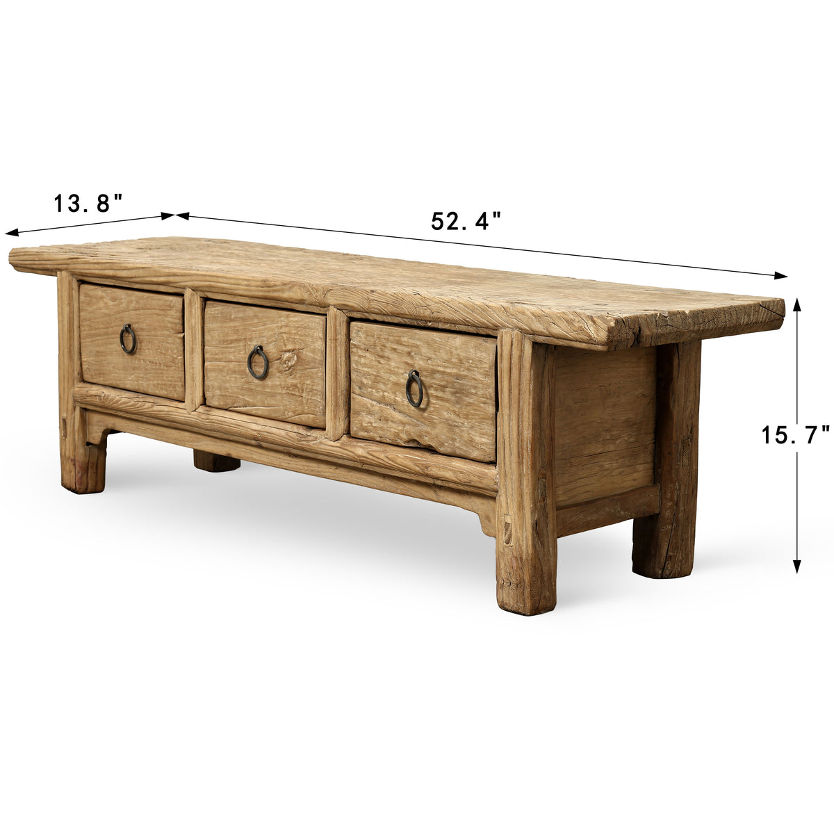 Vintage Bench with Three Drawers 52.4"Wx13.8" Dx15.7" H Elmwood Weathered Natural