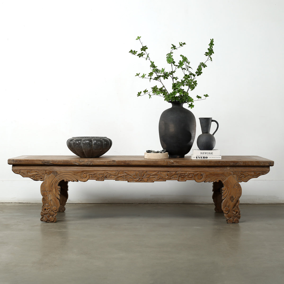 Approx. 85" Long 26.4" Deep Vintage Coffee Table with Lotus Motif on the Front Panel and Carved Legs